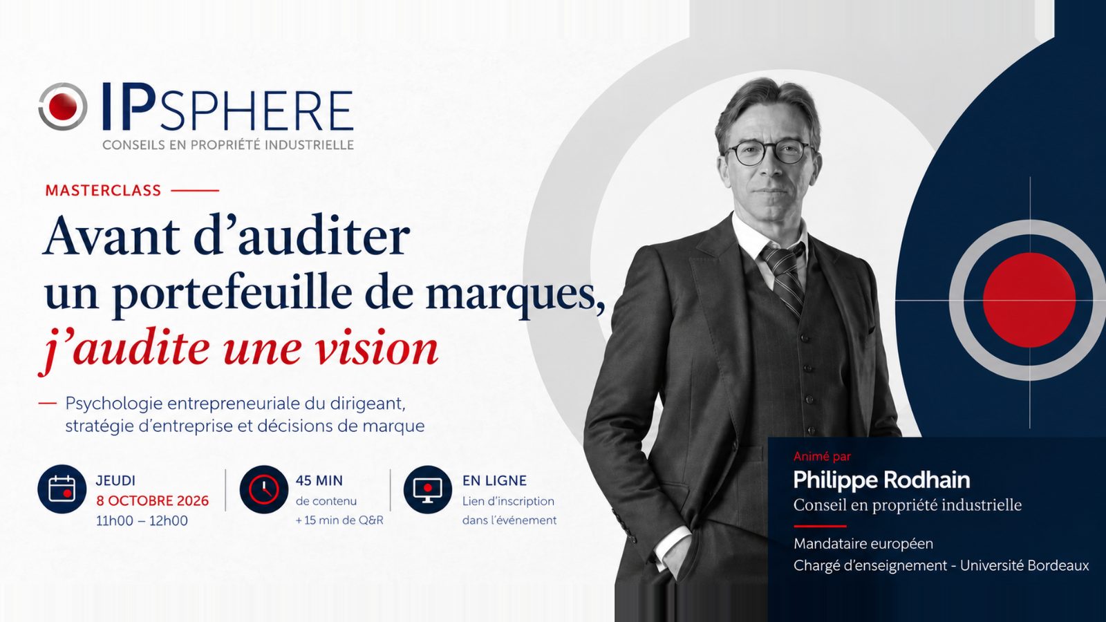 Masterclass IP SPHERE « Avant d’auditer un portefeuille de marques, j’audite une vision » – jeudi 8 octobre 2026, 11h-12h, en ligne, animée par Philippe Rodhain